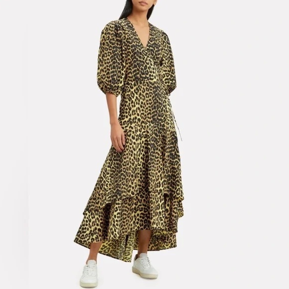 Ganni Juliette Leopard Print Wrap Dress Size 36 US 4